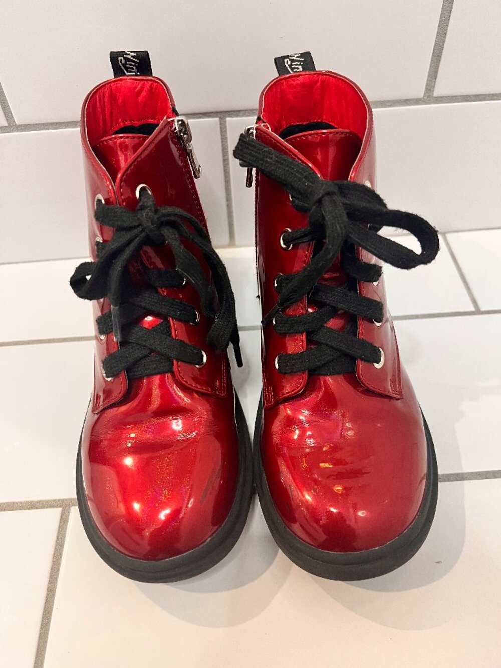 Kids Red Shiny Patent Lace-Up Ankle Boots Pandaninjia Side Zip Shoes Size 2